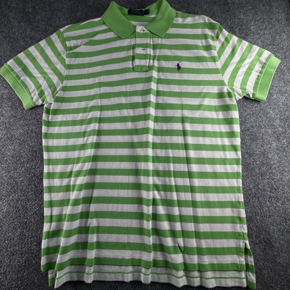 Polo Ralph Lauren Mens Green White Striped Short Sleeve Polo Shirt Large Logo